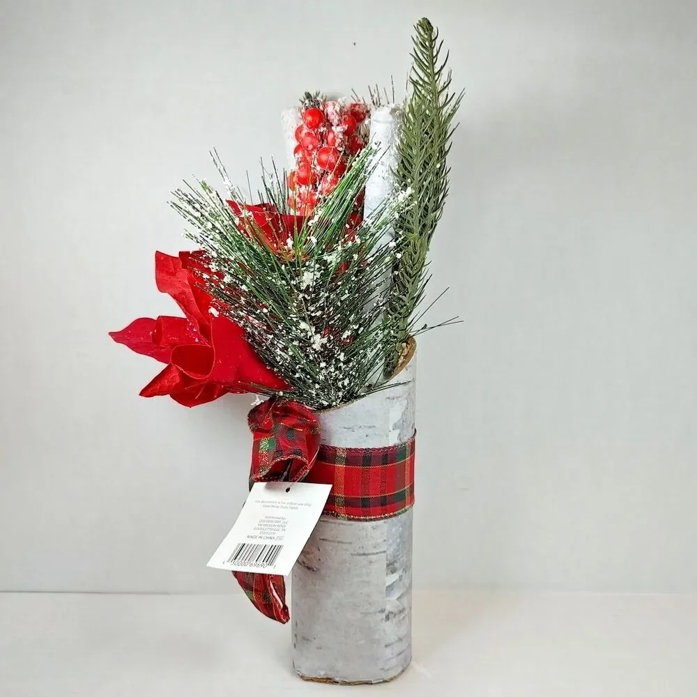 Red Plaid Holiday Christmas Flower Floral Bouquet Arrangement Poinsettia Birch
